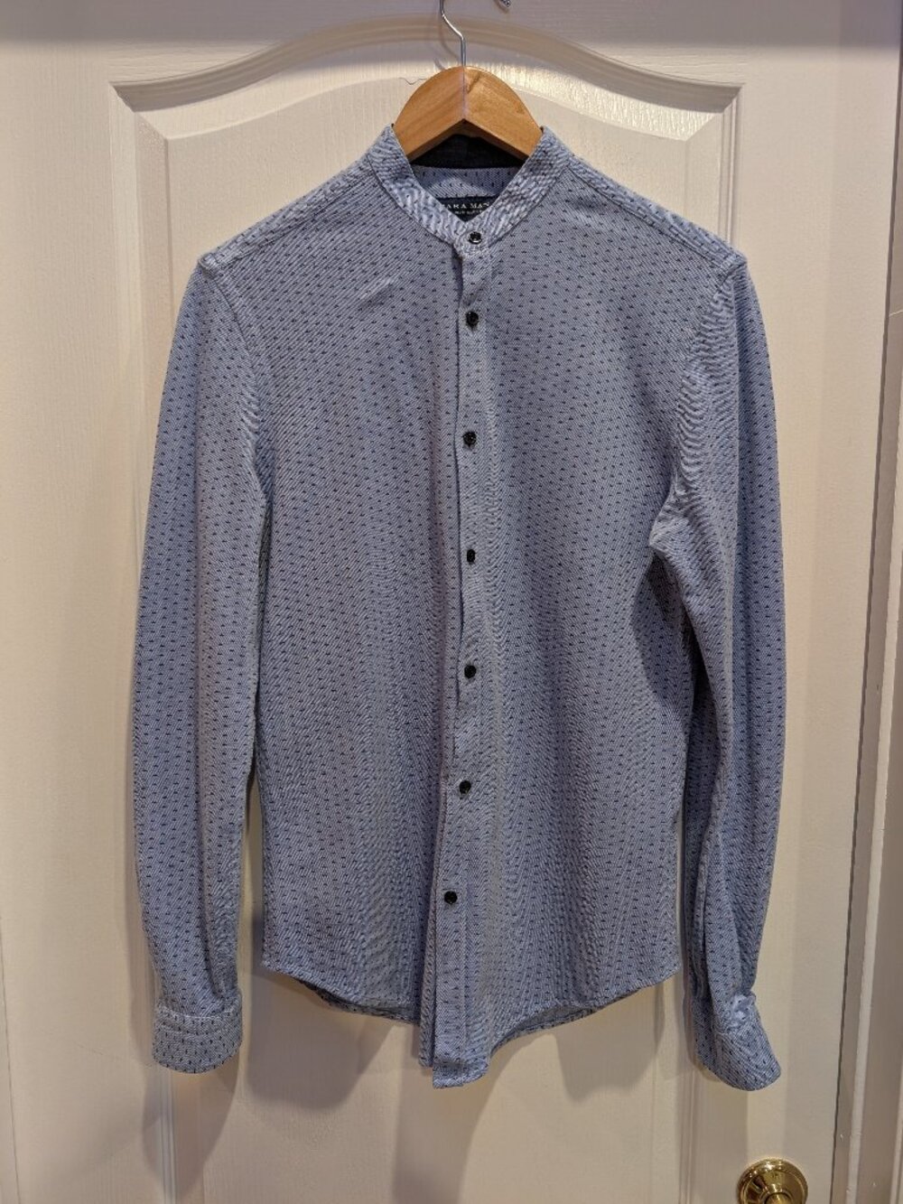 Zara Man Slim Fit Blue Micro Print Band Collar Shirt Medium Made in Portugal
